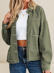 Smoke Green Patched Pocket Collared Button Front Boyfriend Denim Jacket - Miniatuur