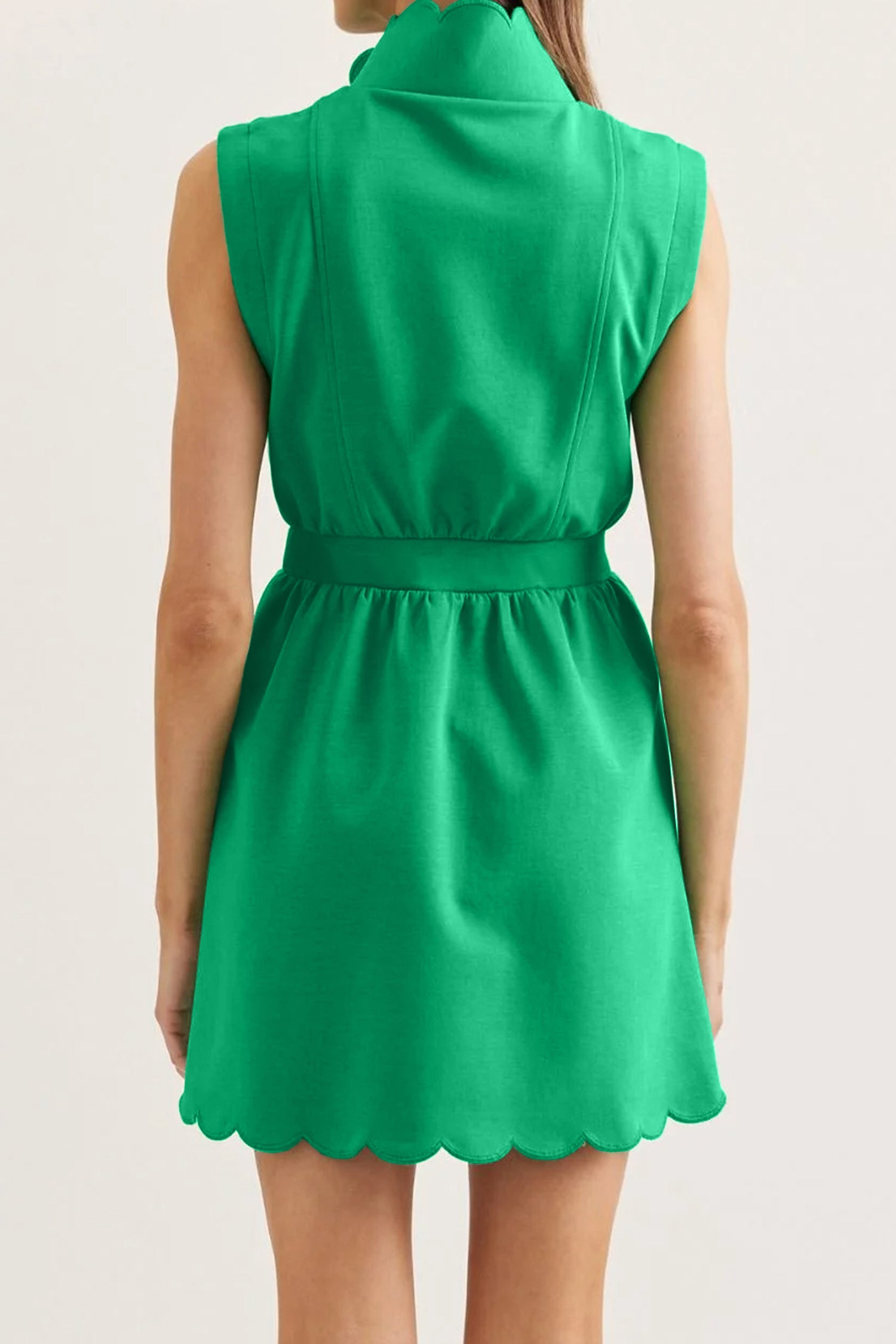 Bright Green Sleeveless Zip Front Scallop Hem Mini Dress - Damesmode Afbeelding 2