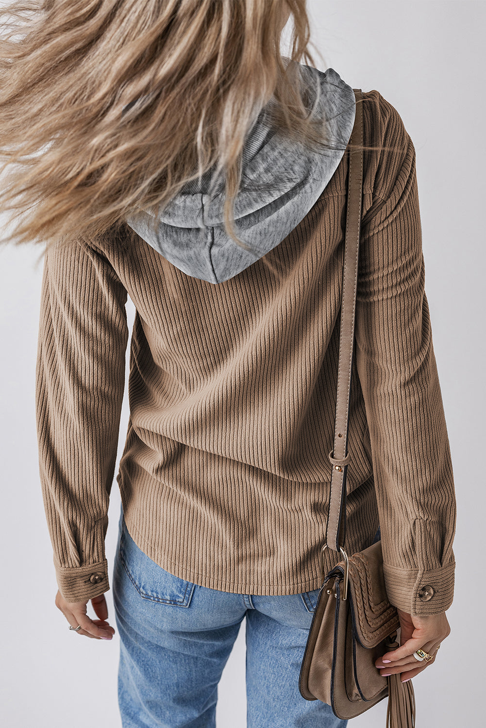 Black Hooded Drawstring Pockets Corduroy Shacket - Women's Fashion Image 5
