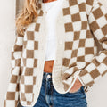 Brown Checkered Sherpa Buttoned Front Chunky Jacket - Damesmode Afbeelding 4 - Foto 4