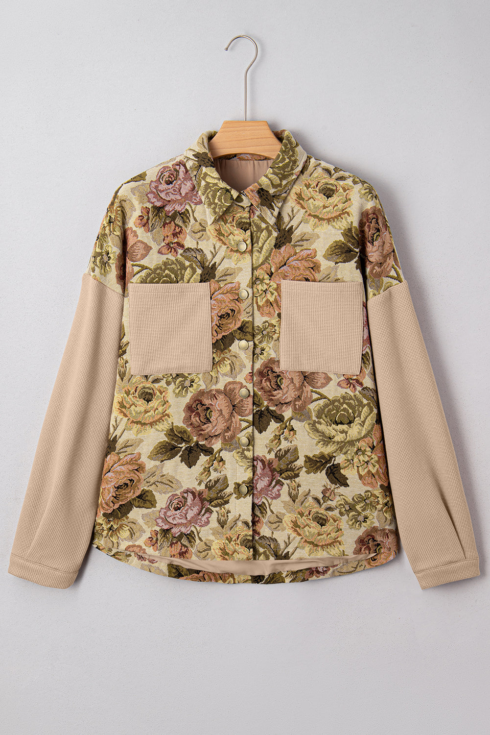 Khaki Floral Waffle Knit Patchwork Brusttaschen, geknöpfte Jacke