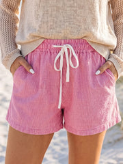 Rosa Streifen mit Kordelzug und elastischer Taille legere Jeansshorts - Miniatuur