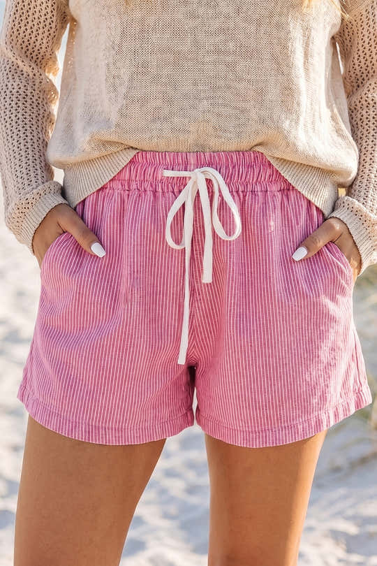 Rosa Streifen mit Kordelzug und elastischer Taille legere Jeansshorts