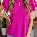 Rose Red Solid Color Textured Ruffle Trim Short Sleeve Blouse - Foto 1