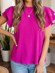 Rose Red Solid Color Textured Ruffle Trim Short Sleeve Blouse - Miniatuur