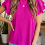Rose Red Solid Color Textured Ruffle Trim Short Sleeve Blouse