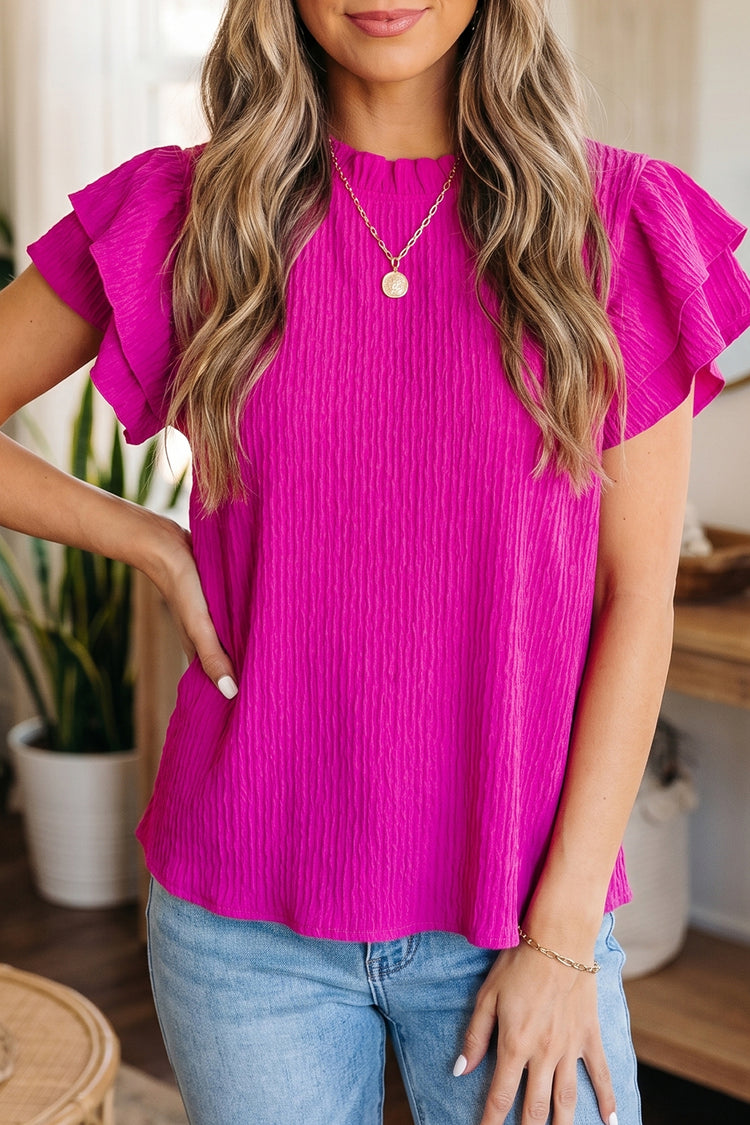 Rose Red Solid Color Textured Ruffle Trim Short Sleeve Blouse - Damesmode