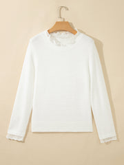 White Lace Trim Neck Cuff Patchwork Long Sleeve Pullover Sweater - Miniatuur