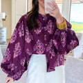 Purple Floral Print Button Front Long Puff Sleeve Shirt - Foto 6