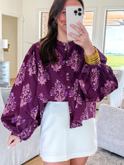 Purple Floral Print Button Front Long Puff Sleeve Shirt - Miniatuur