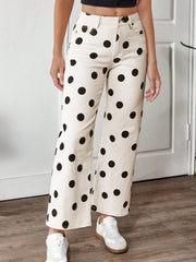 White Polka Dot Print Wide Leg Ankle-Length Jeans - Miniatuur