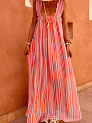 Pink Stripe Ruffled Straps Ribbon Knot Flowy Vacation Maxi Dress - Miniatuur