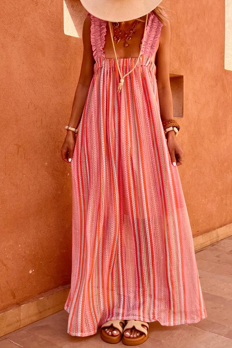 Pink Stripe Ruffled Straps Ribbon Knot Flowy Vacation Maxi Dress - Damesmode