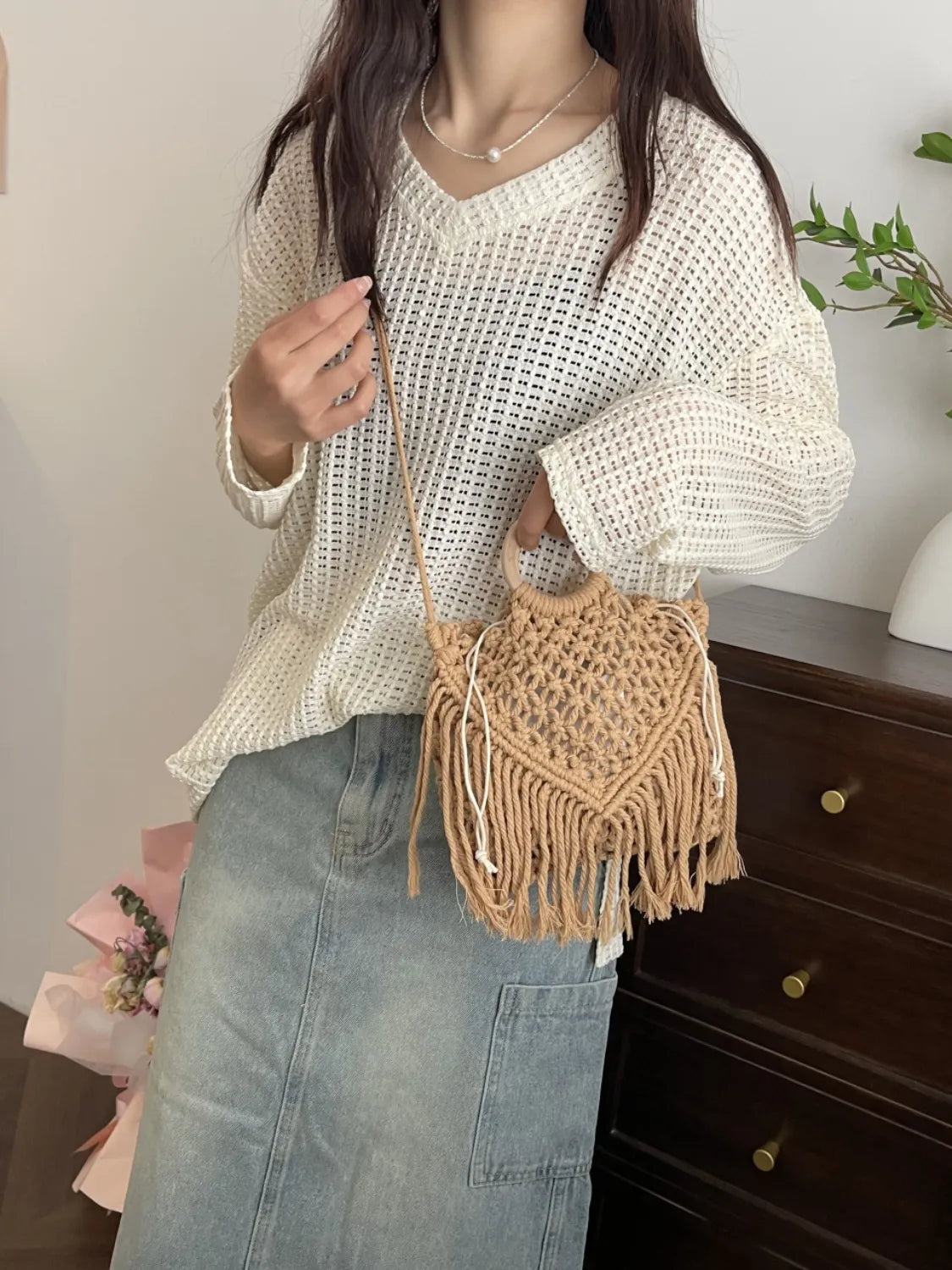 Drawstring Fringe Crochet Bag - Luxe Damesmode & Kleding Collectie | Redblad Nederland
