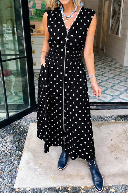 Black Polka Dot Print Contrast Trim V Neck Zip Up Sleeveless Dress - Damesmode Afbeelding 1