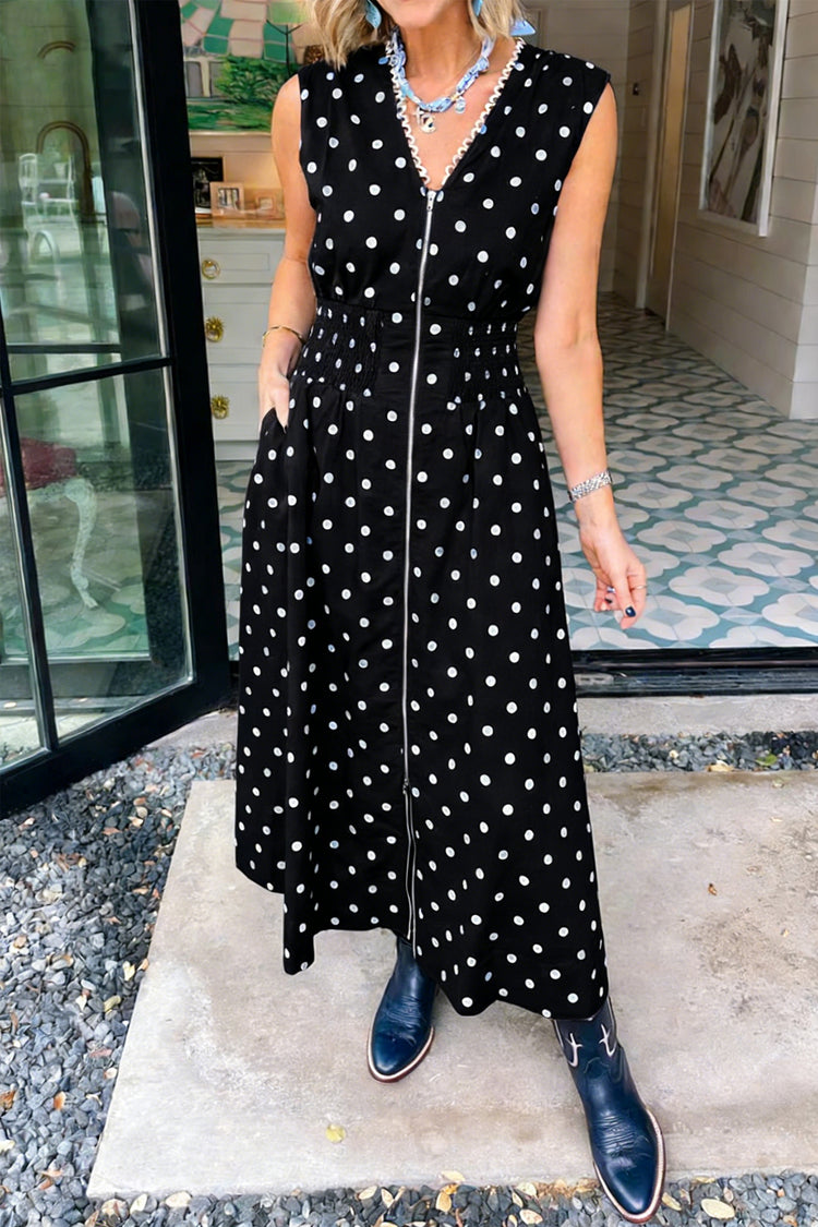 Black Polka Dot Print Contrast Trim V Neck Zip Up Sleeveless Dress - Damesmode Afbeelding 1 - Damesmode