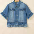 Blue Ruffle Hem Raw Edge Half Sleeve Western Denim Jacket - Damesmode Afbeelding 4 - Foto 4