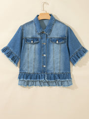 Ourlet bleu à volants avec bord brut et demi-manches en jean western, image de mode féminine 4 - Miniatuur