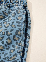 Blue Leopard Print Exposed Seam Detail Wide Leg Drawstring Jeans - Damesmode Afbeelding 7 - Miniatuur