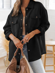 Black Solid Textured Flap Pocket Buttoned Shacket - Damesmode Afbeelding 1 - Miniatuur