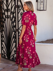 Rotes Maxikleid mit Rüschenmuster mit V-Ausschnitt und kurzärmligem Rüschen - Miniatuur