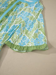 Himmelblaues Blumenmuster mit hohem Taillen-Rüschen-Mini-Minikleid mit kurzen Ärmeln - Miniatuur