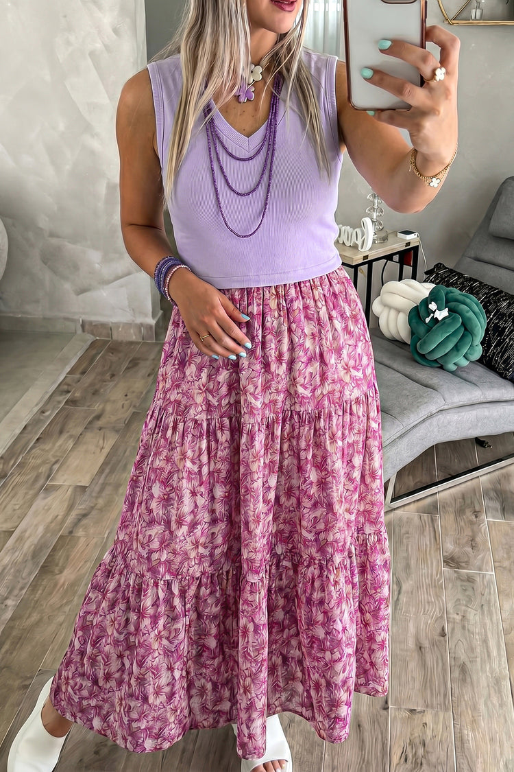 Purple Ribbed V Neck Tank Floral Contrast Patchwork Long Dress - Damesmode