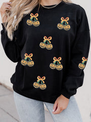 Black Halloween Sequin Pumpkin Graphic Relaxed Pullover Sweatshirt - Damesmode Afbeelding 2 - Miniatuur