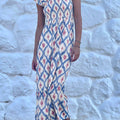 Sky Blue Ethnic Geometric Print Square Neck Smocked High Waist Ruffle Sleeve Dress - Foto 1