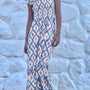 Himmelblaues, ethnisch-geometrisches Muster mit quadratischem Hals, hoch taillenförmigem Kleid mit Rüschenärmeln
