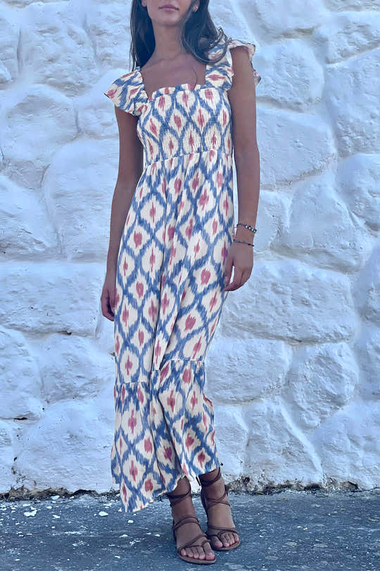 Himmelblaues, ethnisch-geometrisches Muster mit quadratischem Hals, hoch taillenförmigem Kleid mit Rüschenärmeln