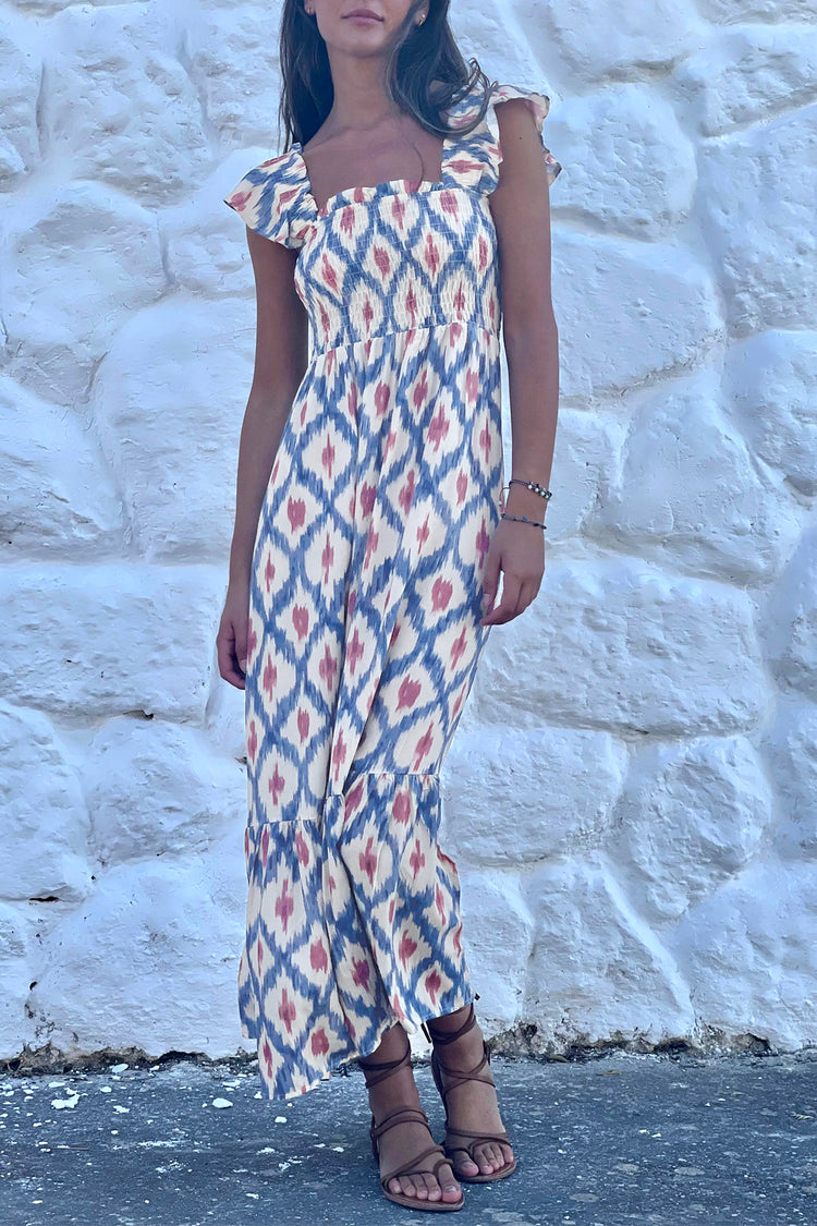 Sky Blue Ethnic Geometric Print Square Neck Smocked High Waist Ruffle Sleeve Dress - Damesmode