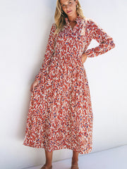 Orange Abstract Print V Neck Pleated High Waist Midi Dress - Miniatuur