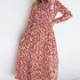 Orange Abstract Print V Neck Pleated High Waist Midi Dress