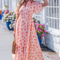 Pink Polka Dot Printed Ruffle Short Sleeve Zip Up Long Dress - Foto 4