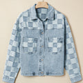 Beau Blue Denim Checkered Pattern Patchwork Womens Casual Jacket - Damesmode Afbeelding 4 - Foto 4