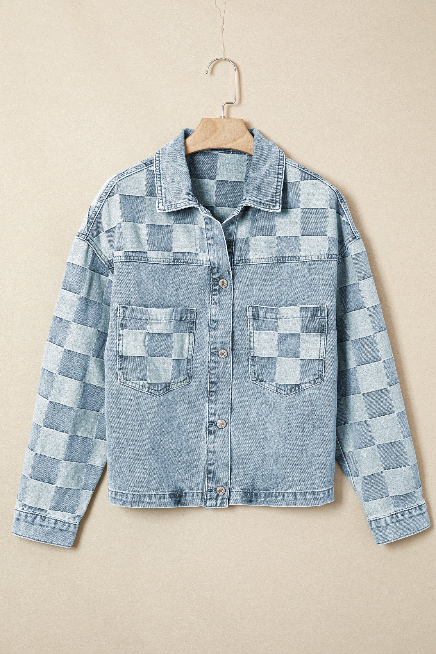 Beau Blue Denim Checkered Pattern Patchwork Womens Casual Jacket - Damesmode Afbeelding 4
