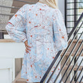 Brown Floral Print Tie Neck 3/4 Sleeve Mini Dress - Damesmode Afbeelding 3 - Foto 3