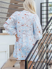 Brown Floral Print Tie Neck 3/4 Sleeve Mini Dress - Damesmode Afbeelding 3 - Miniatuur