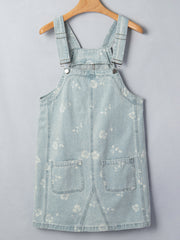Sky Blue Retro Wash Denim Floral Print Overall Mini Dress - Miniatuur
