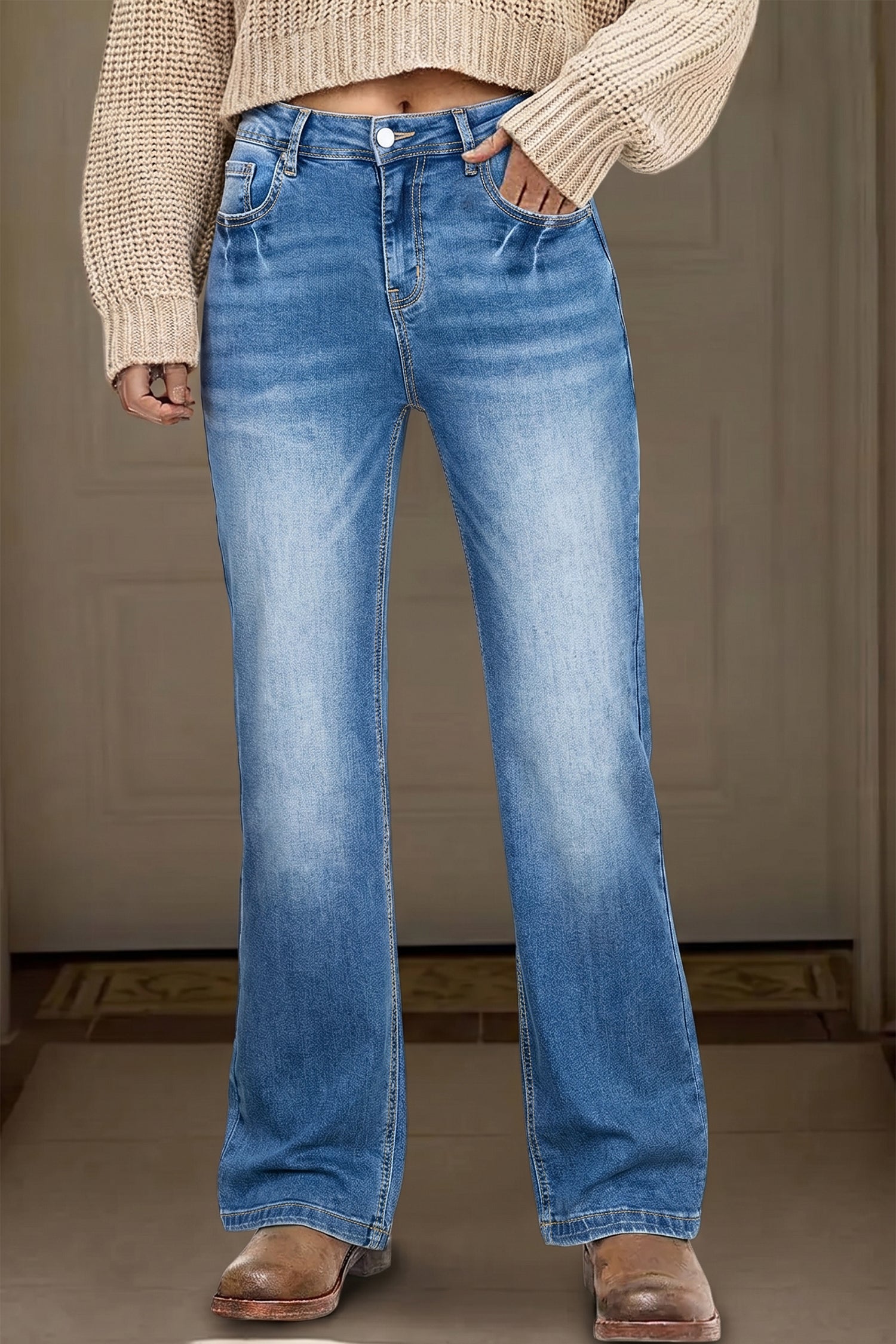 Ashleigh Blue Acid Washed Straight Leg Full Length Casual Jeans - Damesmode Afbeelding 4