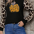 Khaki Leopard Sleeve Pumpkin Print Graphic Knit Top - Foto 2