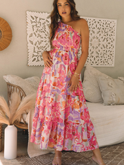 Robe Maxi à une épaule à motif fleural abstrait rose à motifs brillants - Miniatuur