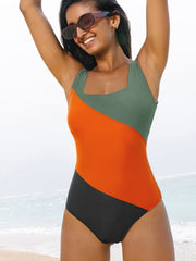 Duffel Green Color Block Padded Square Neck One Piece Swimsuit - Miniatuur