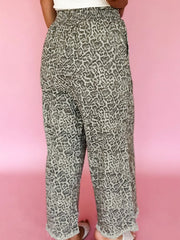 Brown Leopard Print Raw Hem Elastic Waist Loose Pull On Jeans - Damesmode Afbeelding 2 - Miniatuur