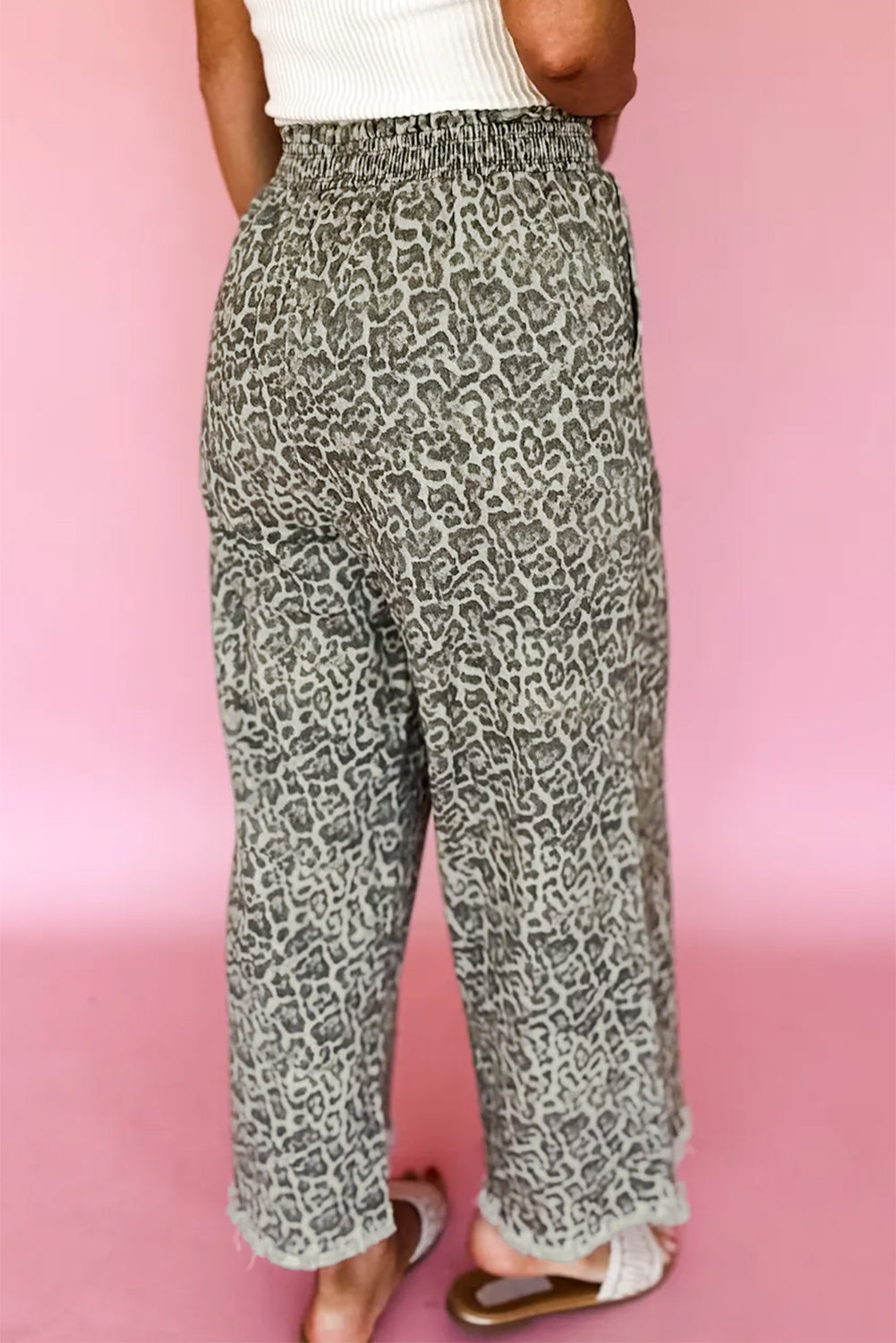 Brown Leopard Print Raw Hem Elastic Waist Loose Pull On Jeans - Damesmode Afbeelding 2