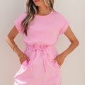 Bonbon Cuffed Short Sleeve Mix Fabric Patchwork Drawstring Mini Dress - Damesmode Afbeelding 4 - Foto 4