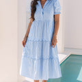 Sky Blue Stripe Bubble Short Sleeve Tiered Scallop Long Dress - Foto 1
