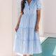 Sky Blauw Stripe Bubble met Korte Mouwen Tierood Scallop Lange Maxi-Jurk