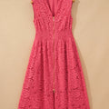 Coral Floral Lace Overlay Zip Up V Neck Smocked Waist Sleeveless Dress - Foto 2